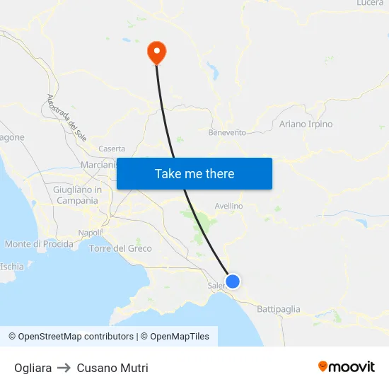 Ogliara to Cusano Mutri map