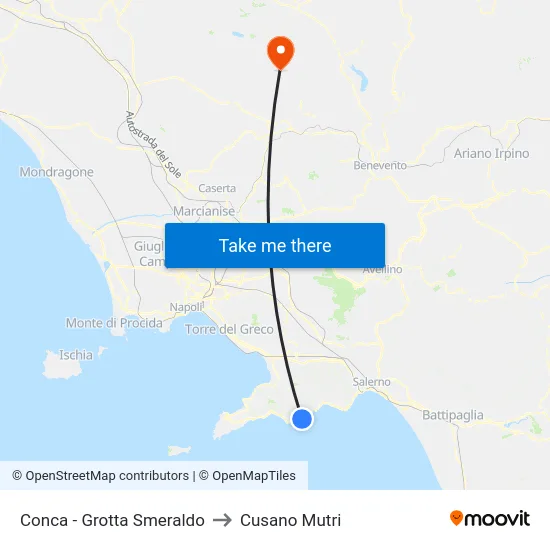 Conca - Grotta Smeraldo to Cusano Mutri map