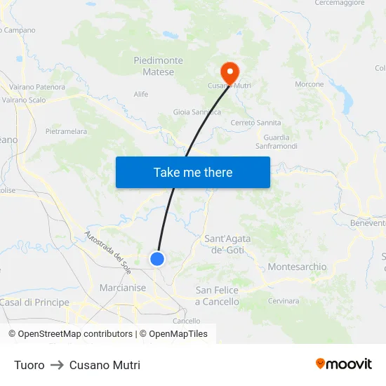 Tuoro to Cusano Mutri map