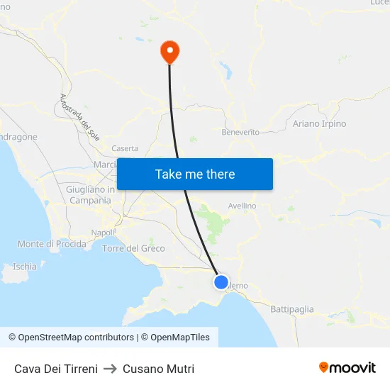 Cava Dei Tirreni to Cusano Mutri map