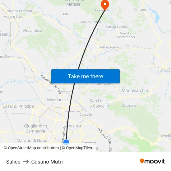 Salice to Cusano Mutri map
