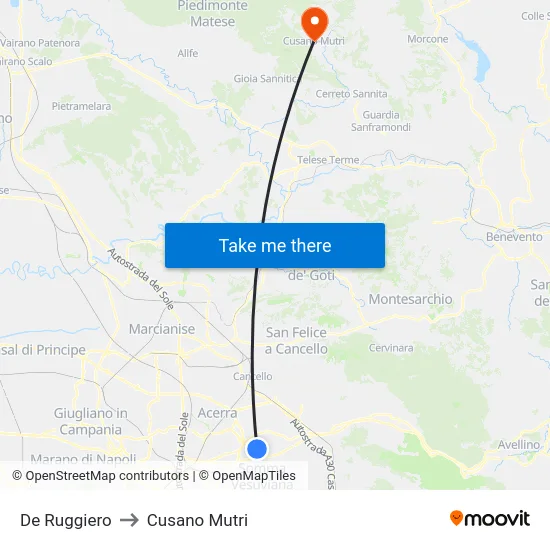 De Ruggiero to Cusano Mutri map