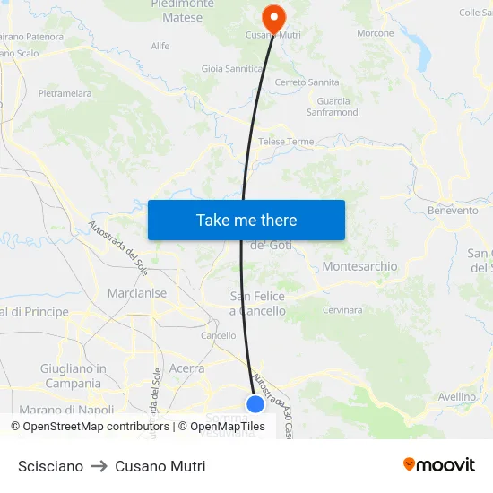 Scisciano to Cusano Mutri map