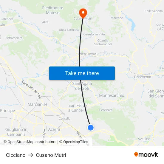 Cicciano to Cusano Mutri map