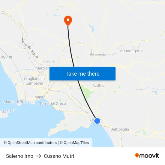 Salerno Irno to Cusano Mutri map