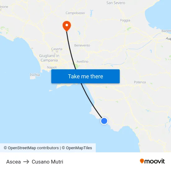 Ascea to Cusano Mutri map