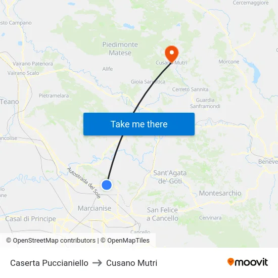 Caserta Puccianiello to Cusano Mutri map