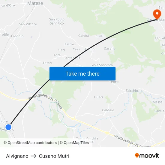Alvignano to Cusano Mutri map