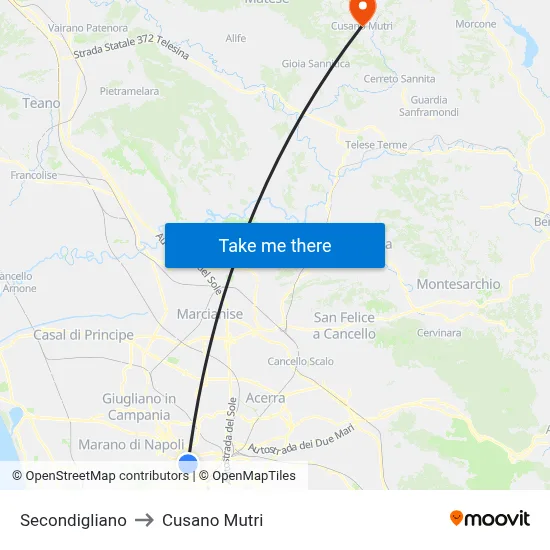 Secondigliano to Cusano Mutri map
