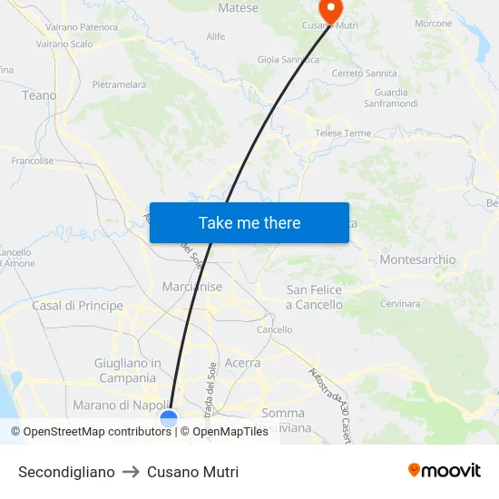 Secondigliano to Cusano Mutri map