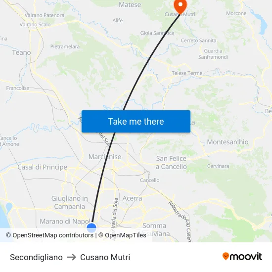Secondigliano to Cusano Mutri map