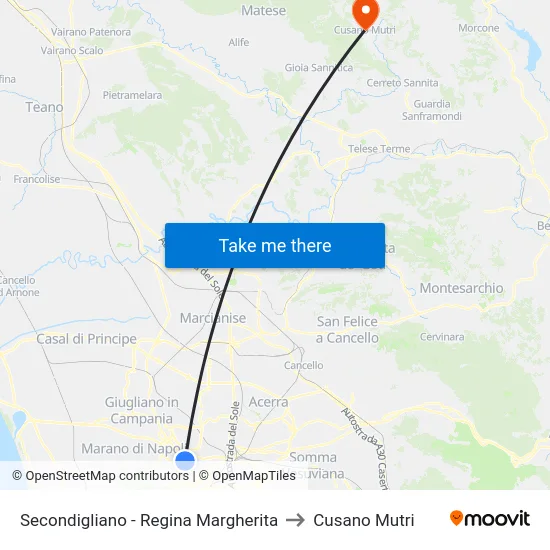 Secondigliano - Regina Margherita to Cusano Mutri map