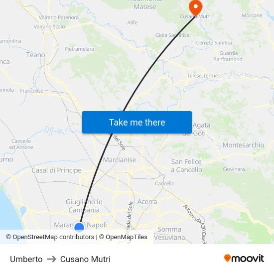 Umberto to Cusano Mutri map