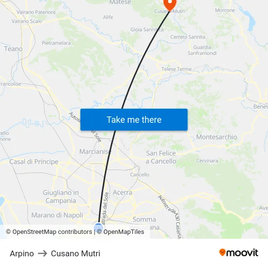 Arpino to Cusano Mutri map