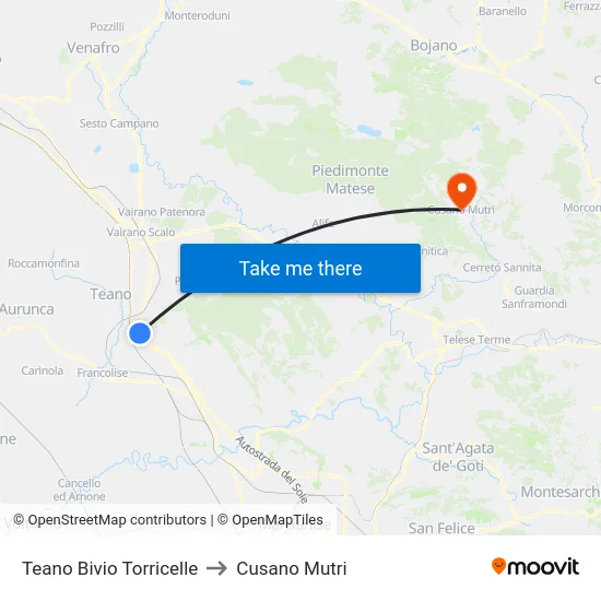 Teano Bivio Torricelle to Cusano Mutri map