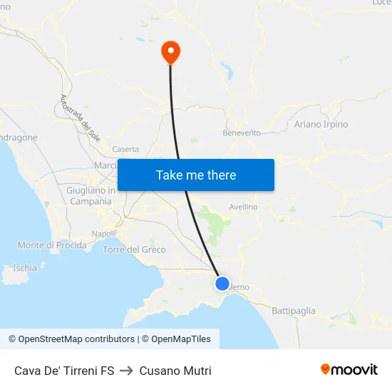 Cava De' Tirreni FS to Cusano Mutri map
