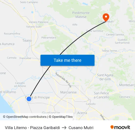 Villa Literno - Piazza Garibaldi to Cusano Mutri map