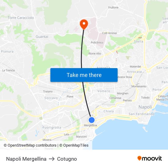 Napoli Mergellina to Cotugno map
