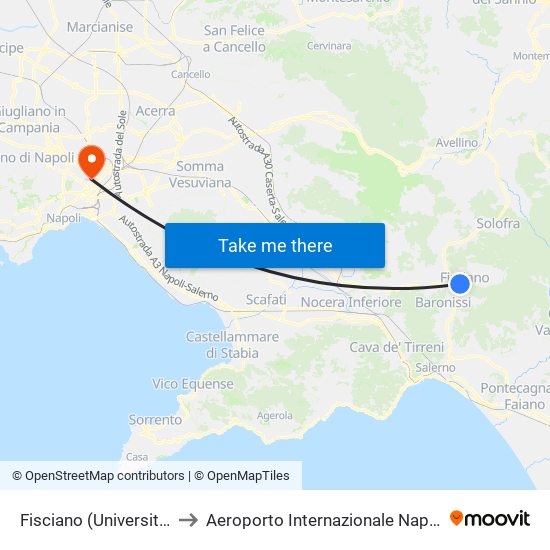 Fisciano (Università) to Aeroporto Internazionale Napoli map