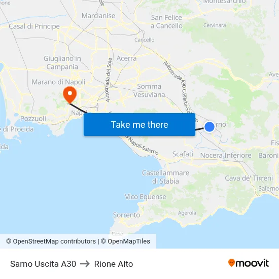 Sarno A30 Exit to Rione Alto map