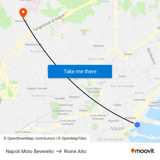 Naples Beverello Pier to Rione Alto map