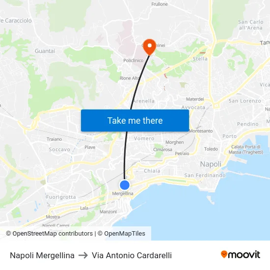 Napoli Mergellina to Via Antonio Cardarelli map