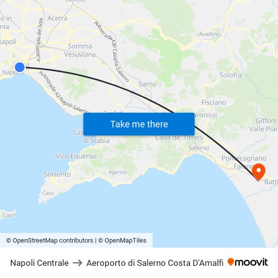 Napoli Centrale to Aeroporto di Salerno Costa D'Amalfi map