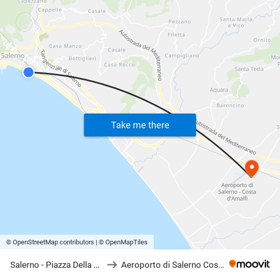 Salerno - Piazza Della Concordia to Aeroporto di Salerno Costa D'Amalfi map