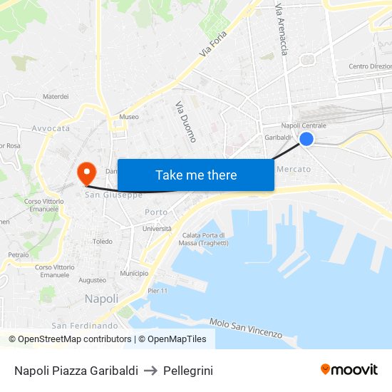 Napoli Piazza Garibaldi to Pellegrini map