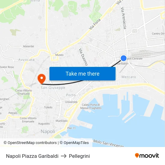 Napoli Piazza Garibaldi to Pellegrini map