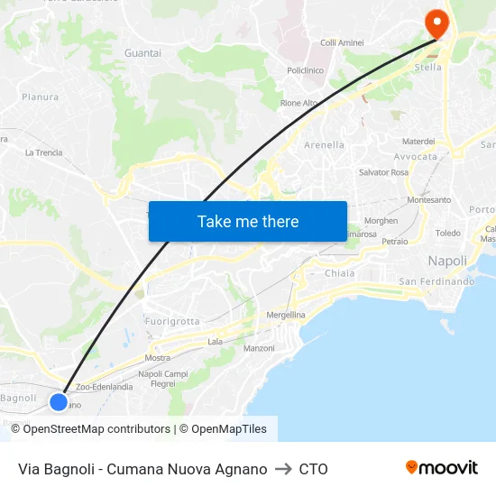 Via Bagnoli - Cumana Nuova Agnano to CTO map