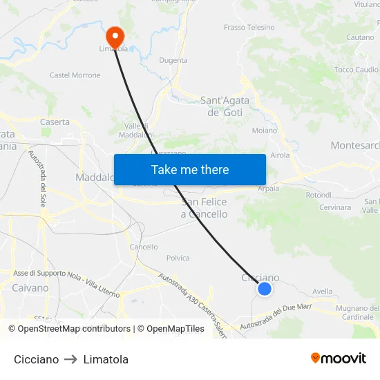 Cicciano to Limatola map