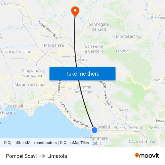 Pompei Scavi to Limatola map