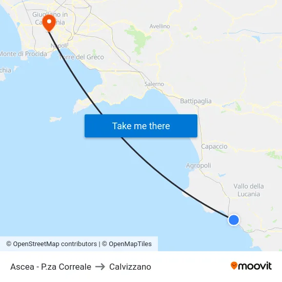 Ascea - P.za Correale to Calvizzano map