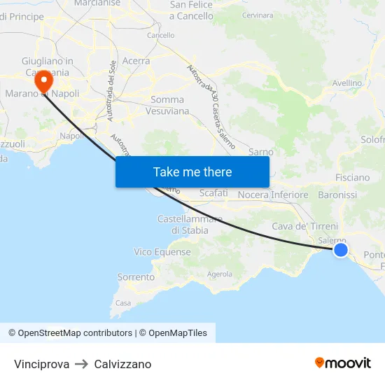 Vinciprova to Calvizzano map