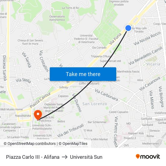 Piazza Carlo III - Alifana to Università Sun map