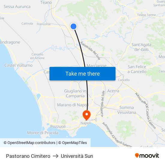 Pastorano Cimitero to Università Sun map