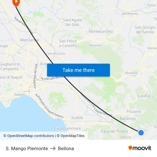 S. Mango Piemonte to Bellona map