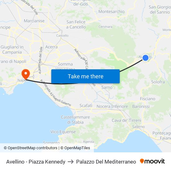 Avellino - Piazza Kennedy to Palazzo Del Mediterraneo map