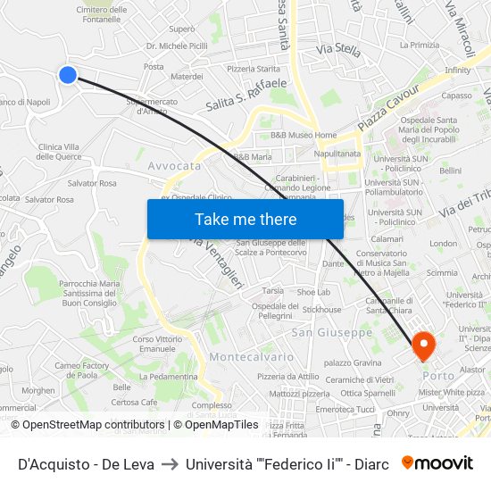 D'Acquisto - De Leva to Università ""Federico Ii"" - Diarc map