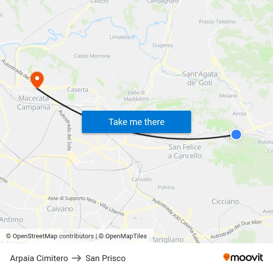 Arpaia Cemetery to San Prisco map