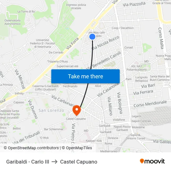 Garibaldi - Carlo III to Castel Capuano map