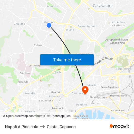 Napoli A Piscinola to Castel Capuano map