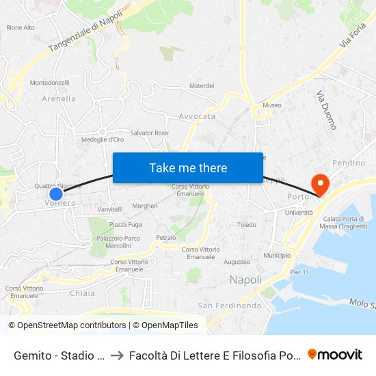 Gemito - Stadio Collana to Facoltà Di Lettere E Filosofia Porta Di Massa map