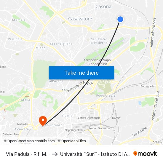 Via Padula - Rif. Mercato Ortofrutticolo to Università ""Sun"" - Istituto Di Anatomia Patologica ""L.Armanni"" map