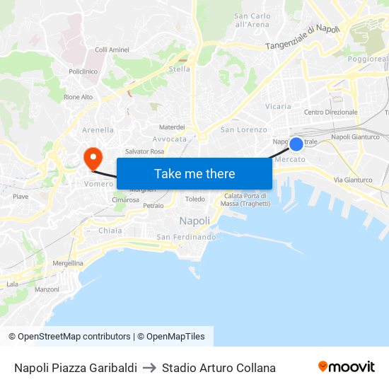 Napoli Piazza Garibaldi to Stadio Arturo Collana map