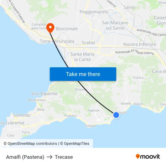 Amalfi (Pastena) to Trecase map