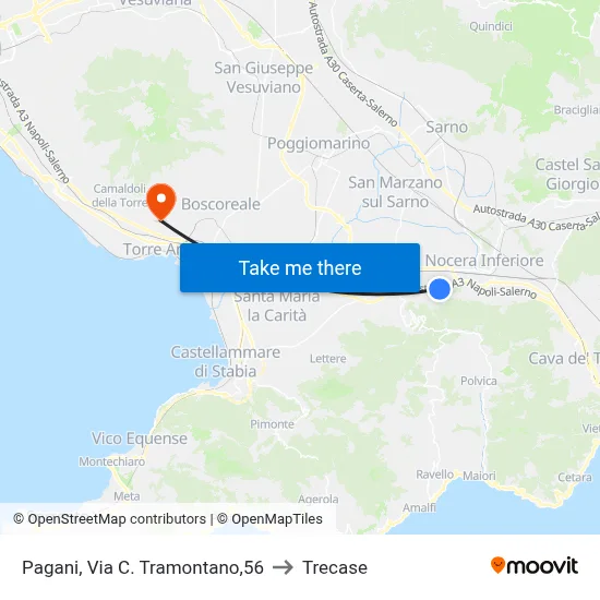 Pagani, C. Tramontano Street, 56 to Trecase map