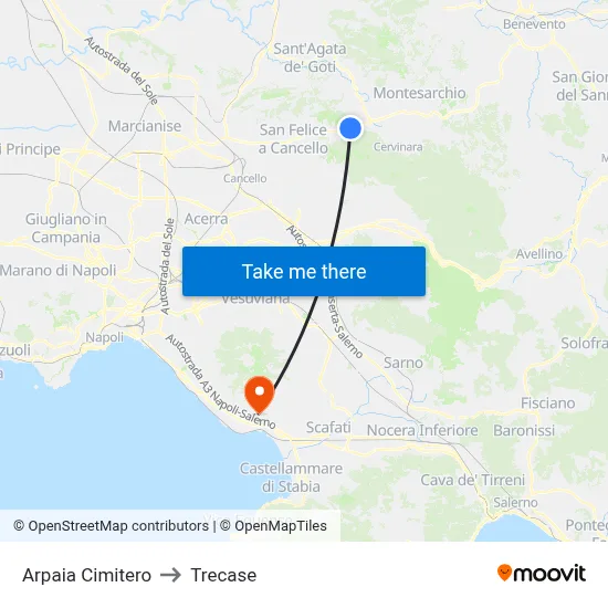 Arpaia Cemetery to Trecase map