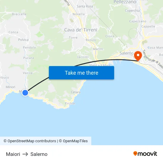 Maiori to Salerno map